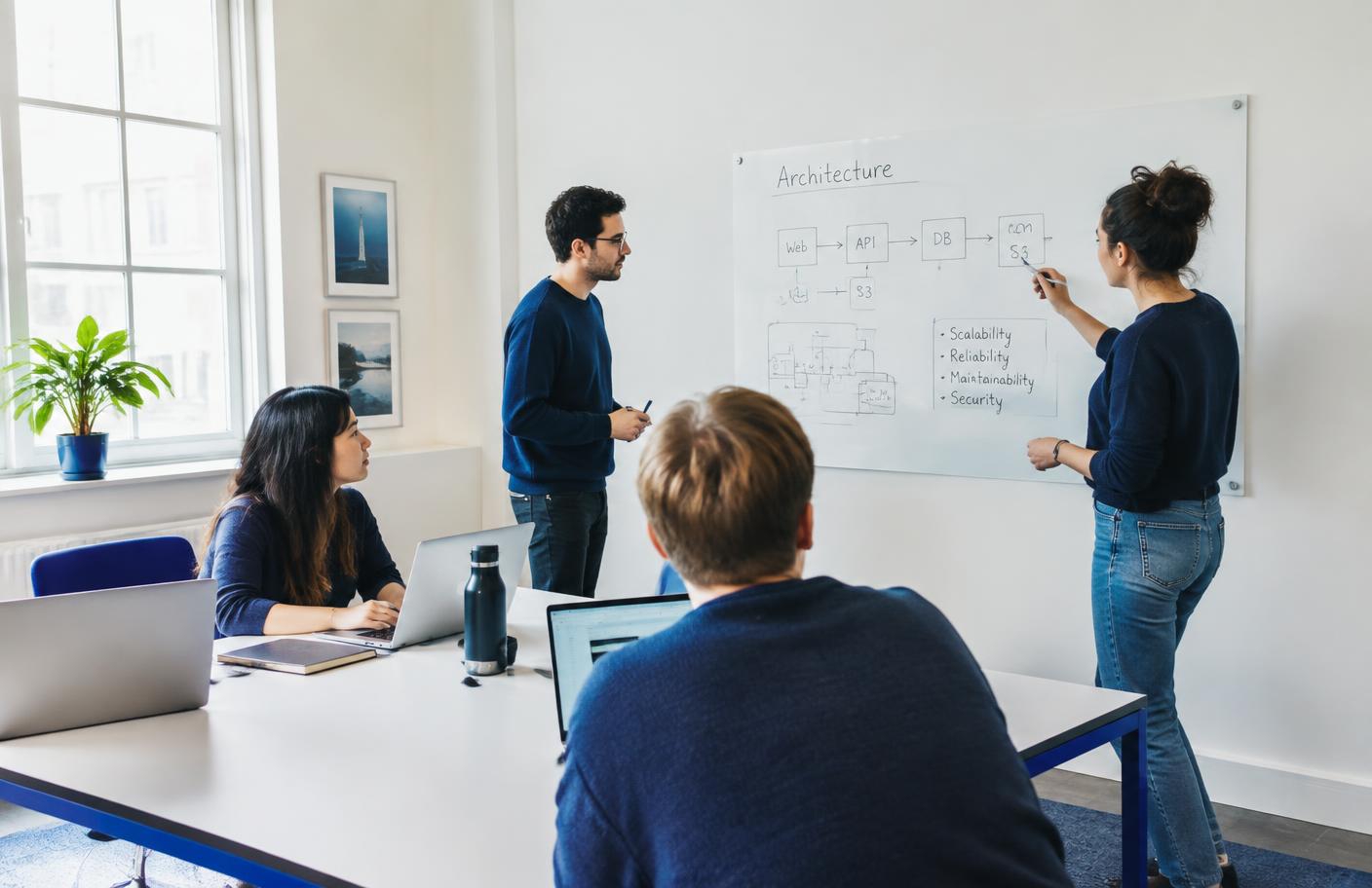 Engineers discussing an architecture diagram in a bright meeting room