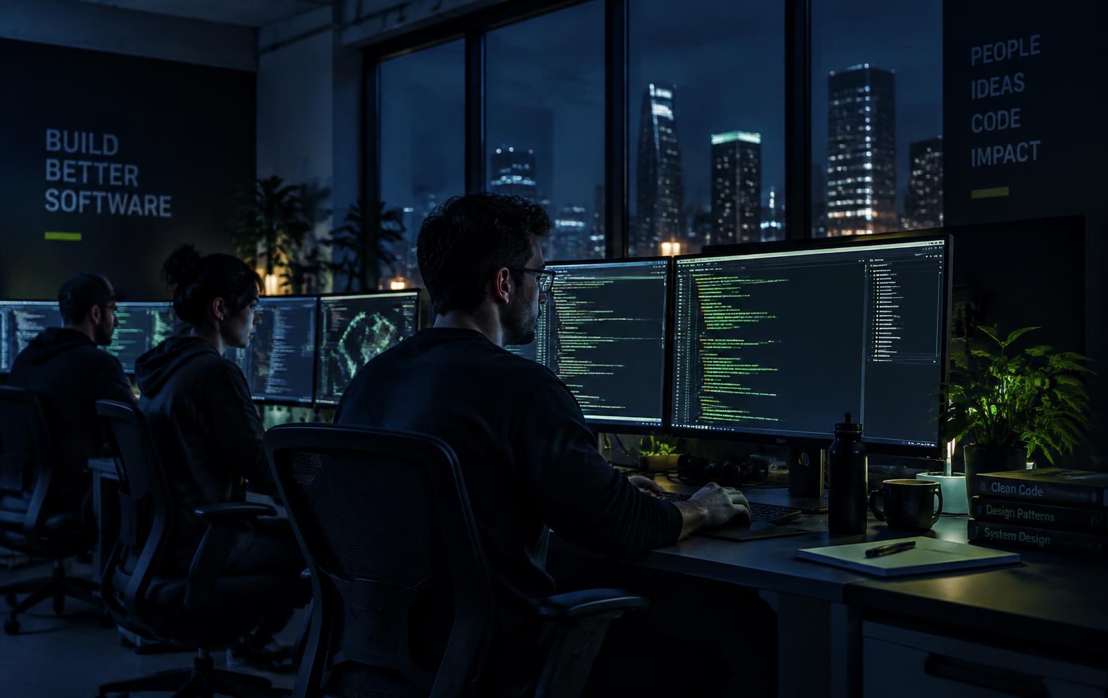 Developers working on software at illuminated monitors